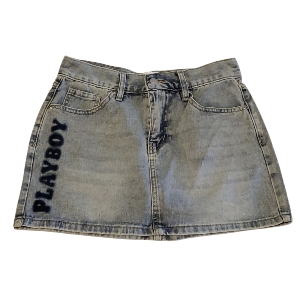 PLAYBOY Light Blue Denim Mini Skirt W/ PLAYBOY LOGOS